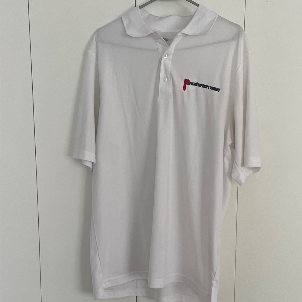 Core365 Men’s Large White Polo Golf Shirt Prussell Hardware Logo Performance